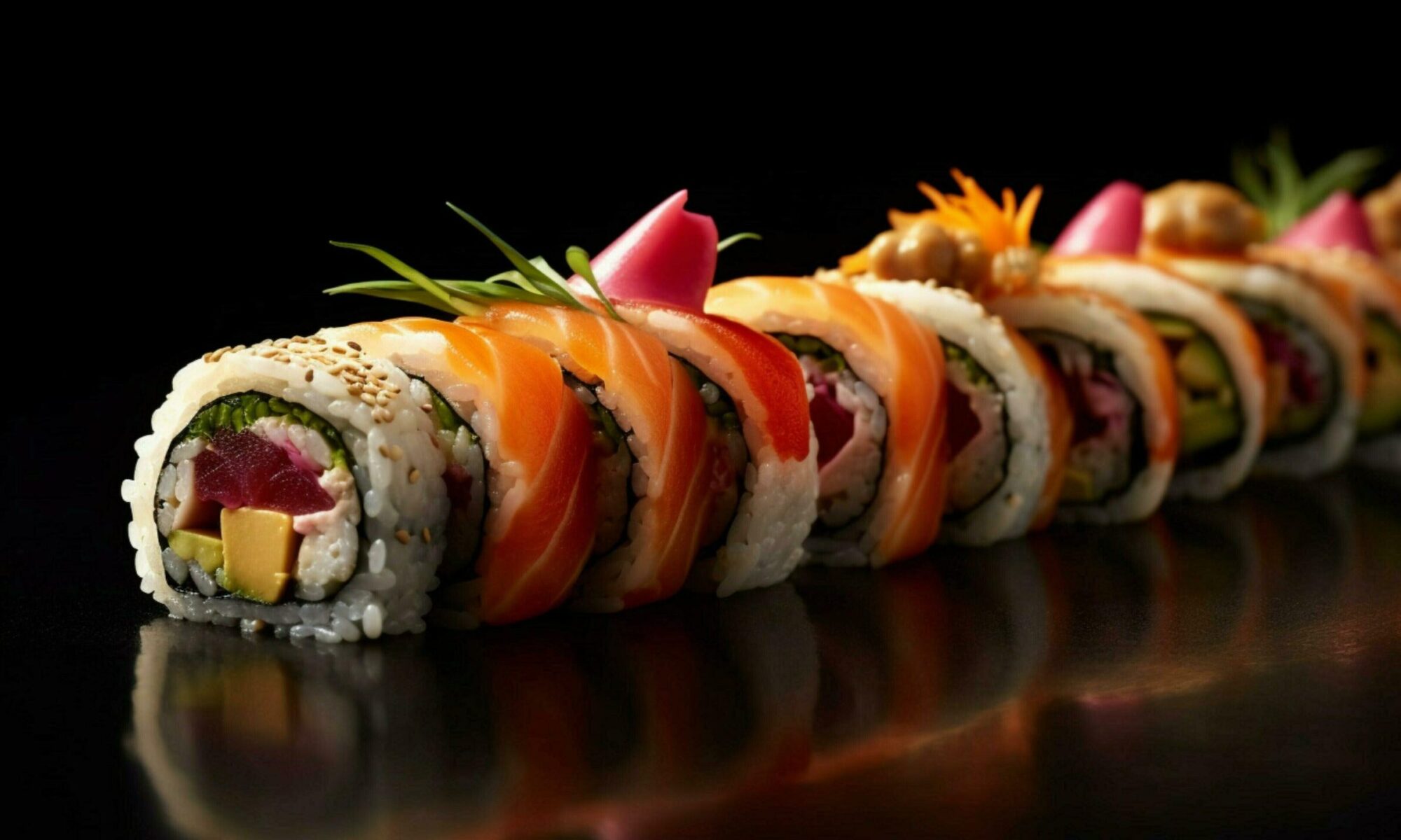 Sushi misti su piatto elegante con ingredienti freschi e colorati
