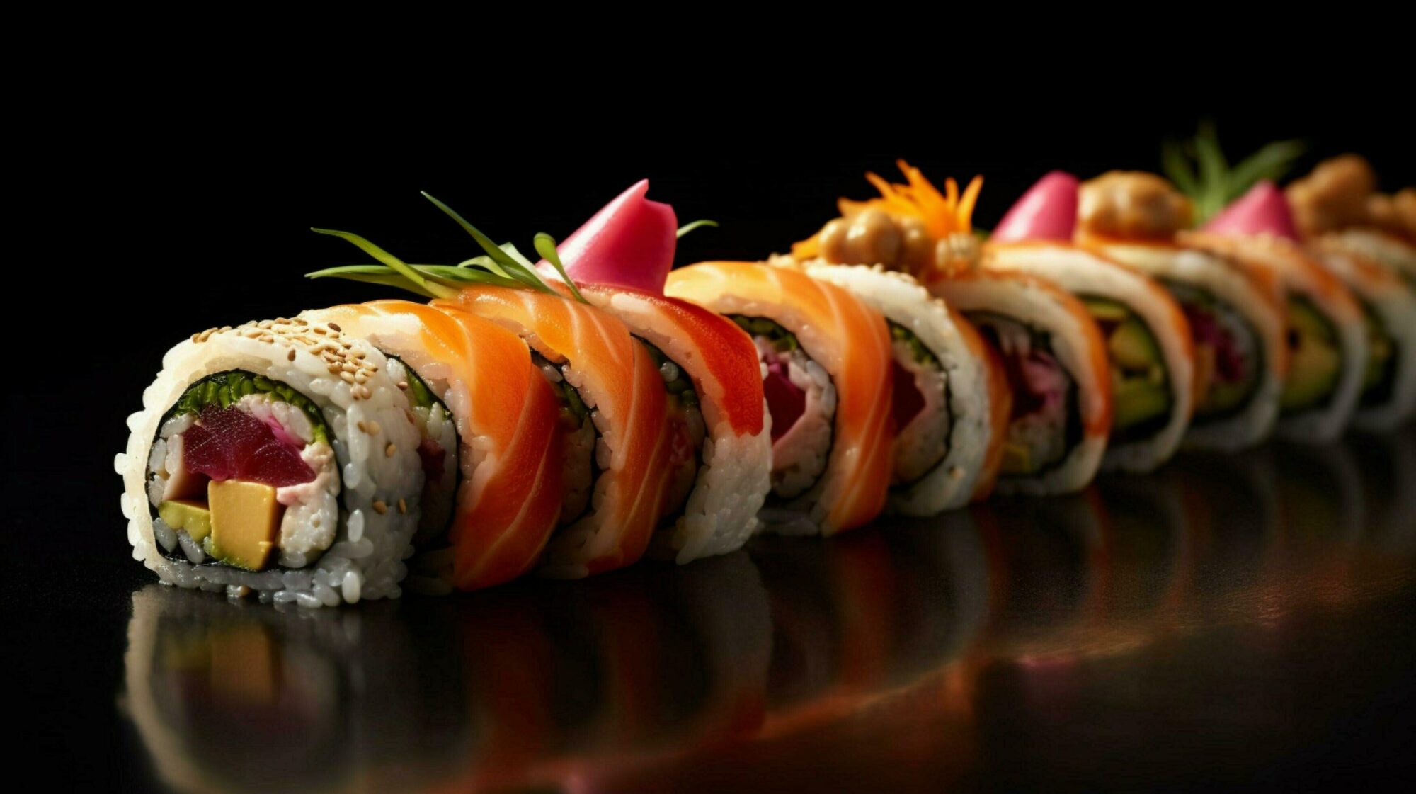 Sushi misti su piatto elegante con ingredienti freschi e colorati