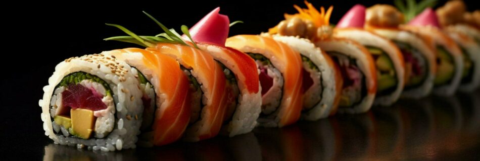 Sushi misti su piatto elegante con ingredienti freschi e colorati